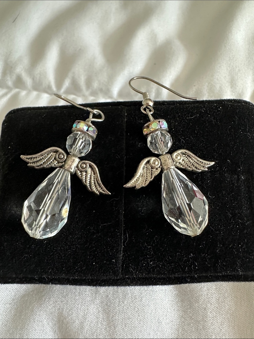 Crystal Angel Wing Drop Earrings - Silver Tone
